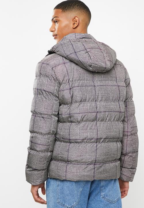 Brave Soul - Stone19 check puffer - black and stone 