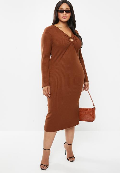 Glamorous - Plus bodycon rust midi  - brown
