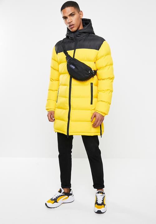Brave Soul - Albie padded longline jacket - black & yellow