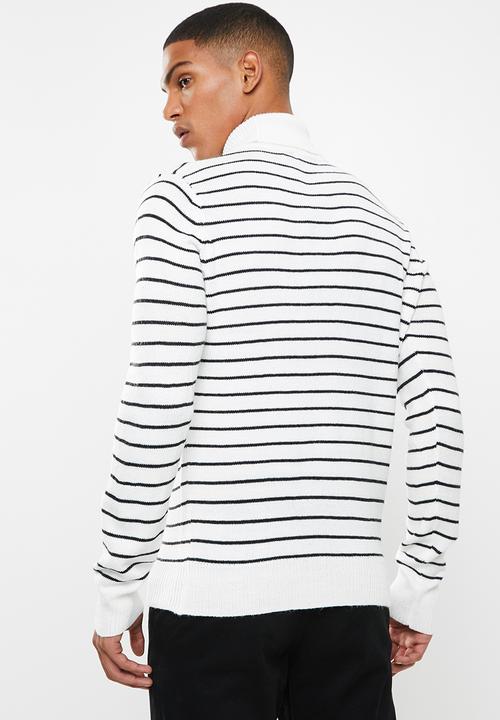 Brave Soul - Striped archfield knitwear high polo neck - white & black