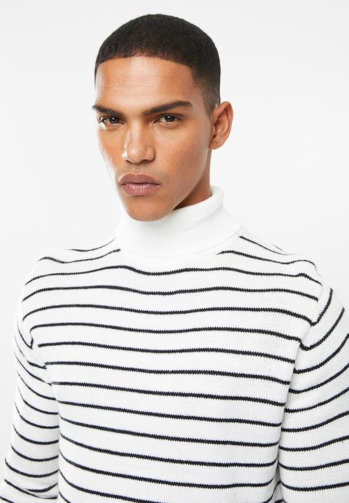 Brave Soul - Striped archfield knitwear high polo neck - white & black