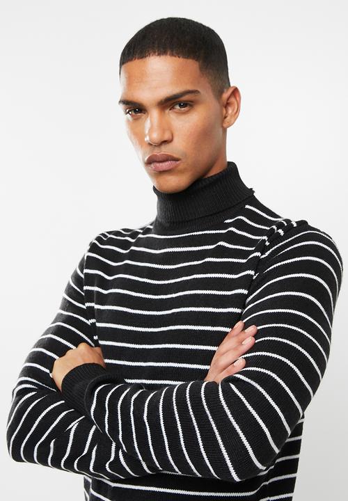 Brave Soul - Striped archfield knitwear high polo neck - black & white