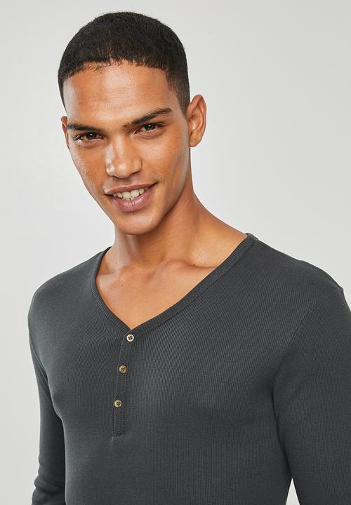 Superbalist - Premium ribbed henley sleep top - grey