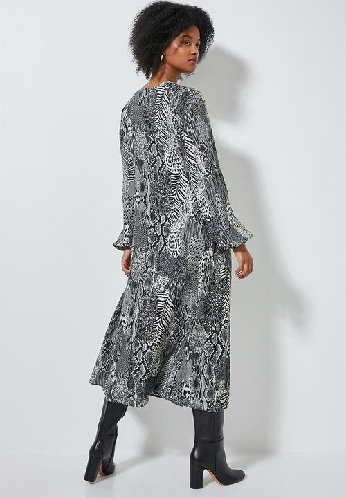 Superbalist - Midi tea dress long sleeve - black & beige 