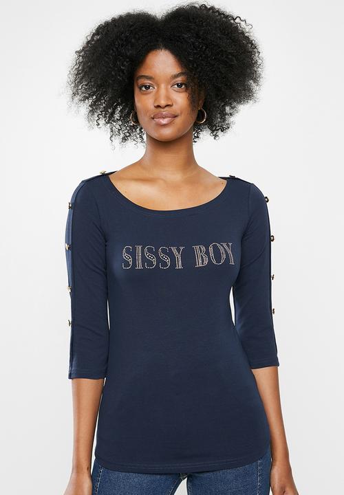 SISSY BOY - Boat neck logo tee with button detailing - navy