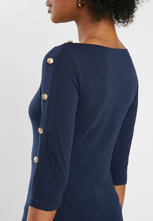 SISSY BOY - Boat neck logo tee with button detailing - navy