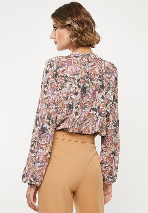 edit - Long sleeve neck tie shell blouse - multi 