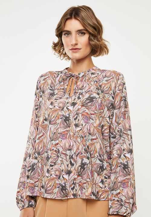 edit - Long sleeve neck tie shell blouse - multi 