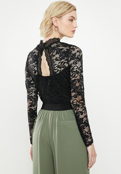 Vero Moda - Dora lace ls highneck top - black