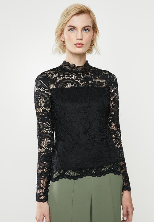 Vero Moda - Dora lace ls highneck top - black