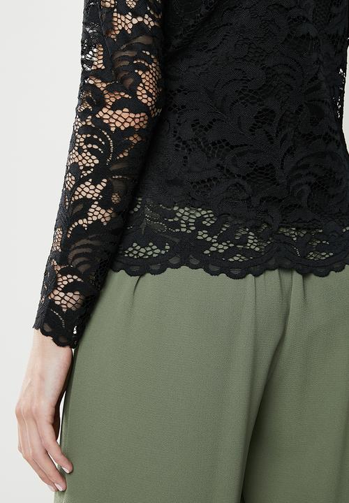 Vero Moda - Dora lace ls highneck top - black