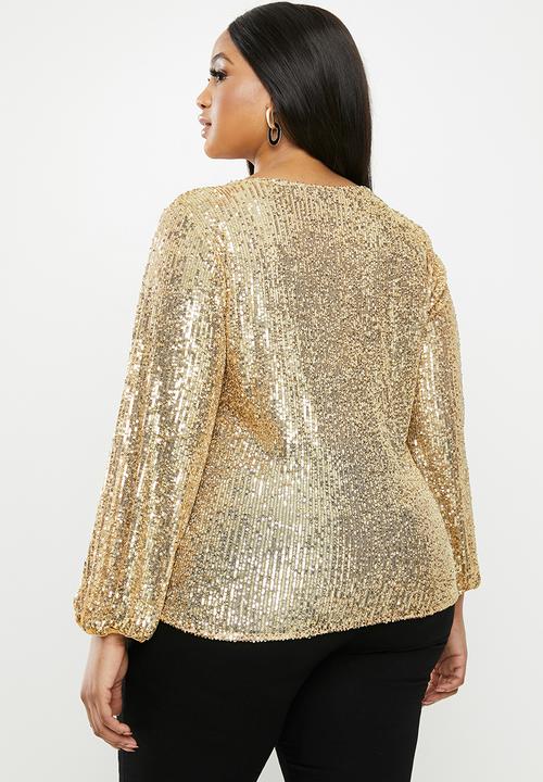 MILLA - Sequin round neck blouse with balloon sleeve - gold