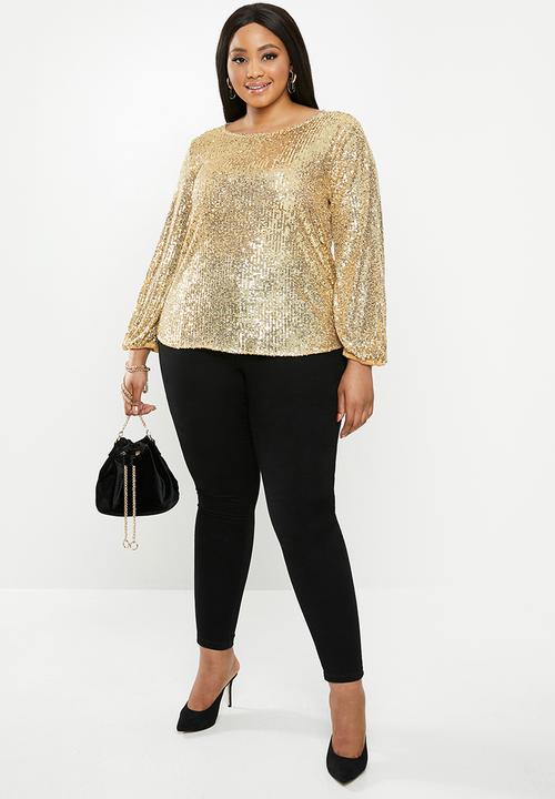 MILLA - Sequin round neck blouse with balloon sleeve - gold