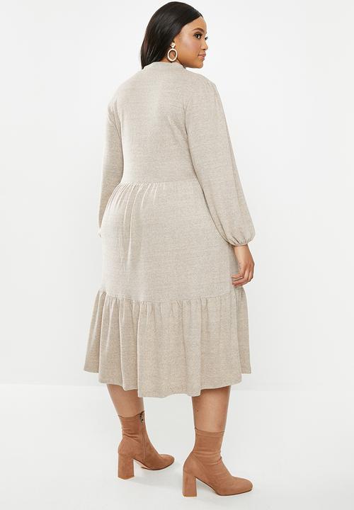 MILLA - Cut & sew tiered midi balloon sleeve dress - beige