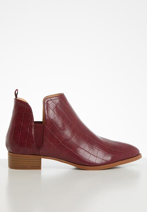 burgundy croc ankle boots