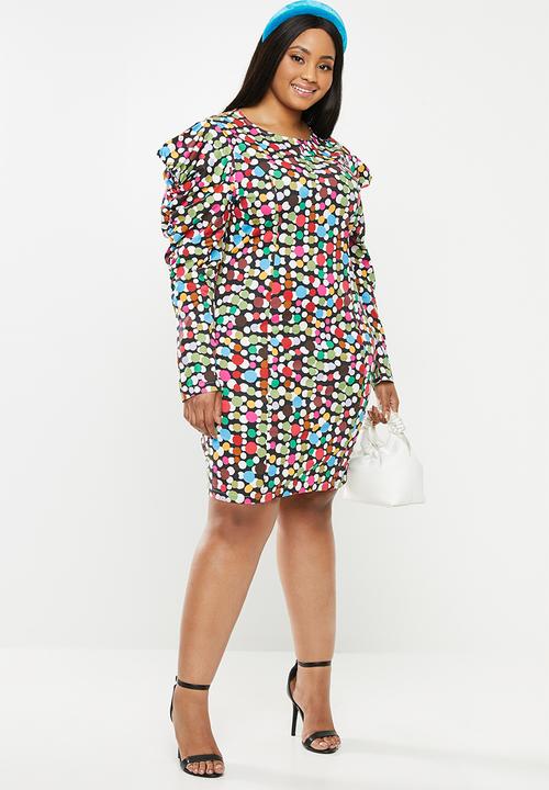 Glamorous - Plus scatter spot mini with puff sleeve - multi