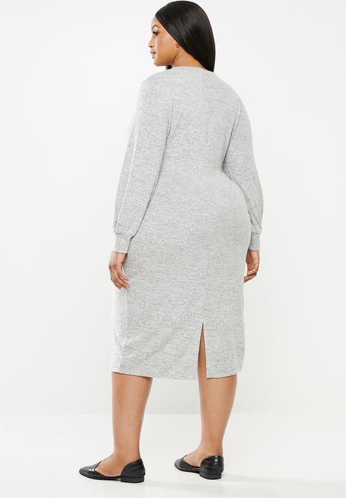 MILLA - Brushed cut & sew midi dress with front tie - grey 