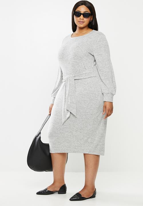 MILLA - Brushed cut & sew midi dress with front tie - grey 
