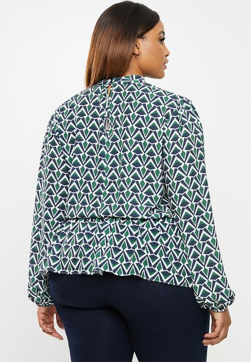 edit Plus - Dobby waisted keyhole blouse - geo print