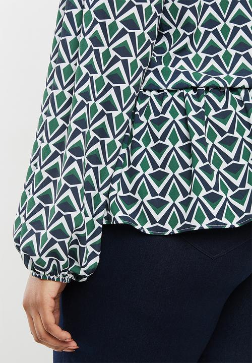 edit Plus - Dobby waisted keyhole blouse - geo print