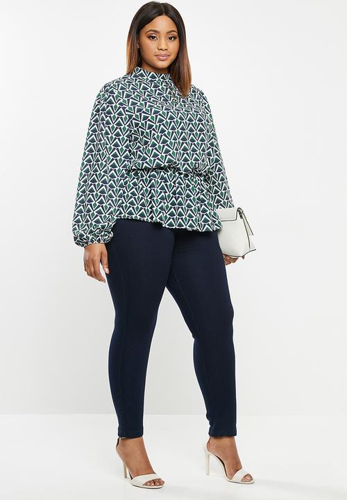 edit Plus - Dobby waisted keyhole blouse - geo print