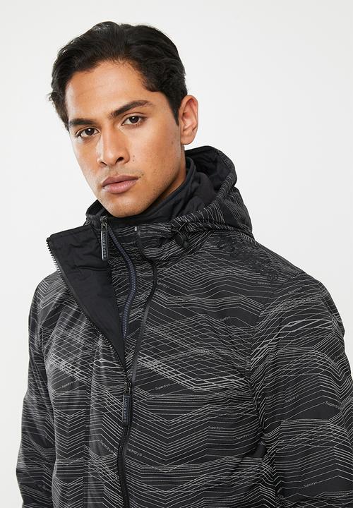 Superdry. - Hooded artic print pop zip windcheater - black & grey