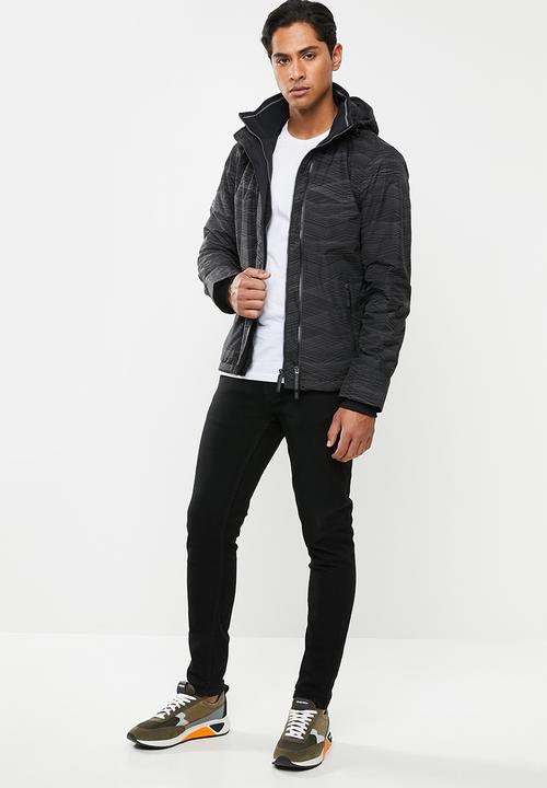Superdry. - Hooded artic print pop zip windcheater - black & grey
