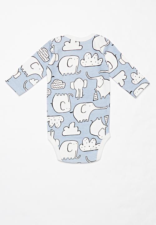 Pop Candy - Elephant long sleeve grow-on - blue & white