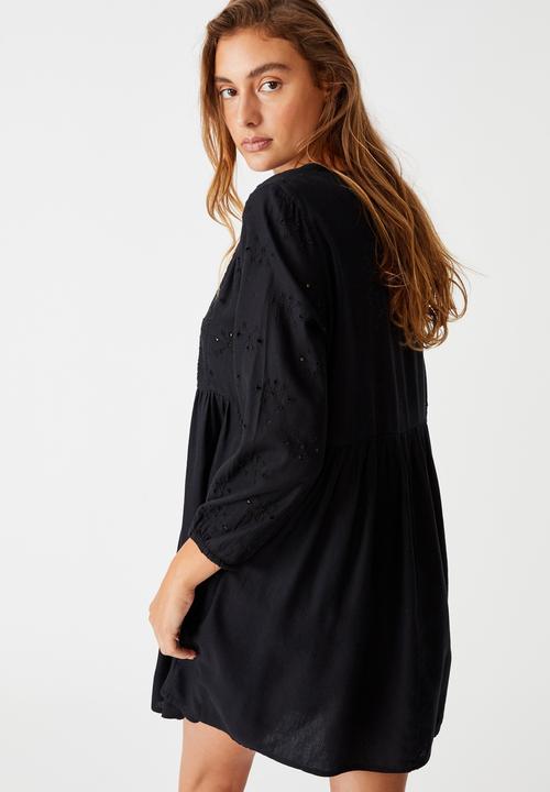 Cotton On - Woven Bethany broiderie babydoll mini dress - black
