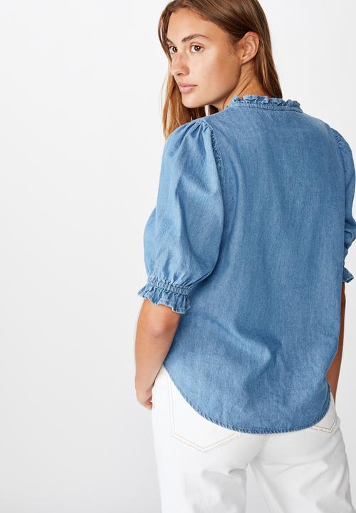 Cotton On - Denim frill blouse - blue