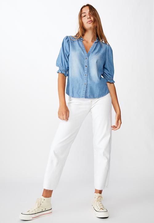 Cotton On - Denim frill blouse - blue