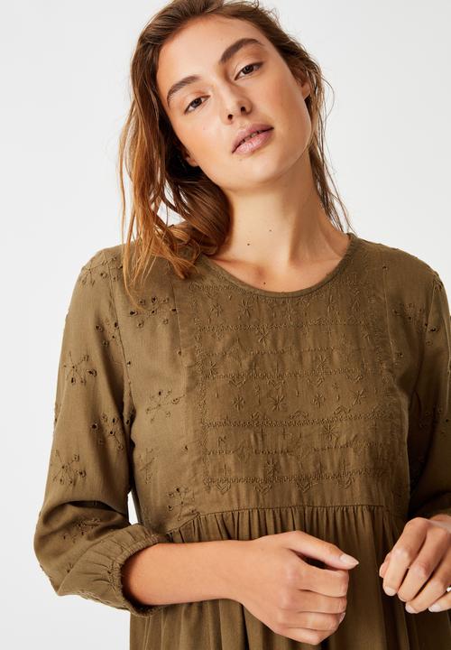 Cotton On - Woven Bethany broiderie babydoll mini dress - dark olive