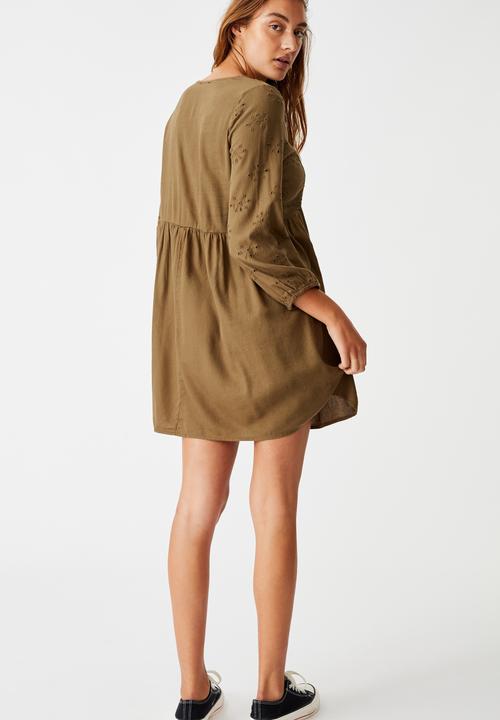 Cotton On - Woven Bethany broiderie babydoll mini dress - dark olive