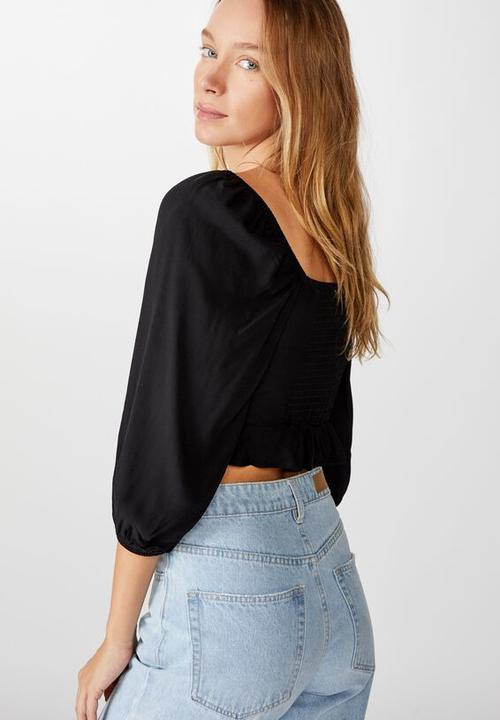 Cotton On - Jessie tie front blouson sleeve blouse - black