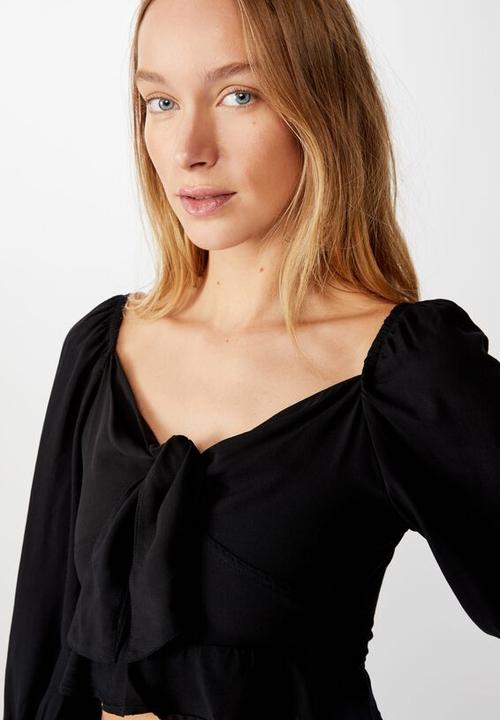 Cotton On - Jessie tie front blouson sleeve blouse - black