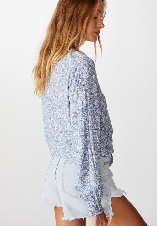 Cotton On - Tie front lw long sleeve blouse stephanie floral - blue & white 