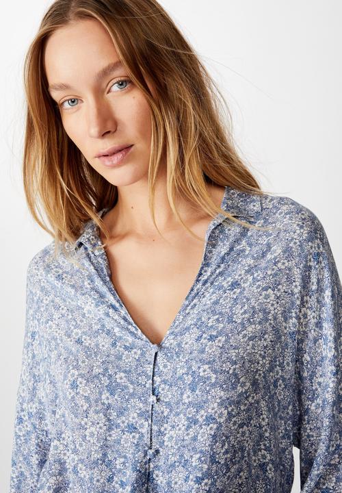Cotton On - Tie front lw long sleeve blouse stephanie floral - blue & white 