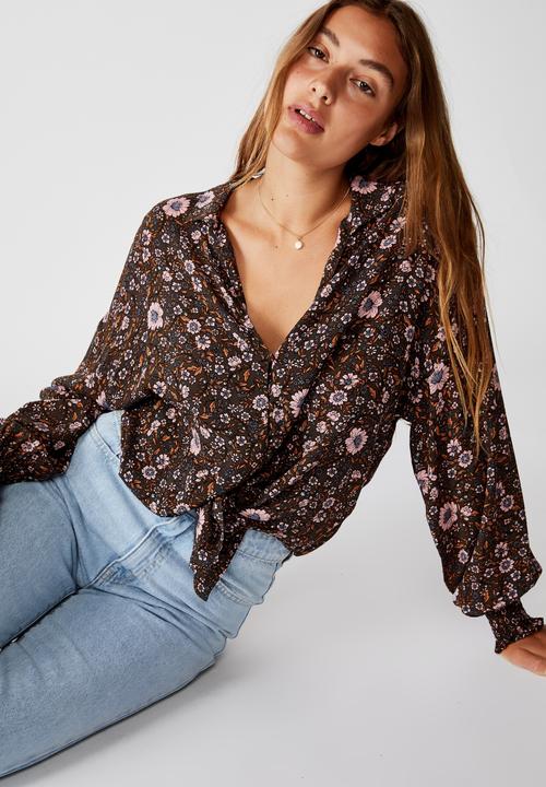 Cotton On - Tie front lw long sleeve blouse jordan floral - raven