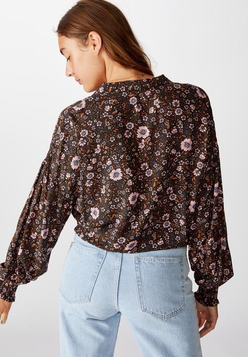 Cotton On - Tie front lw long sleeve blouse jordan floral - raven