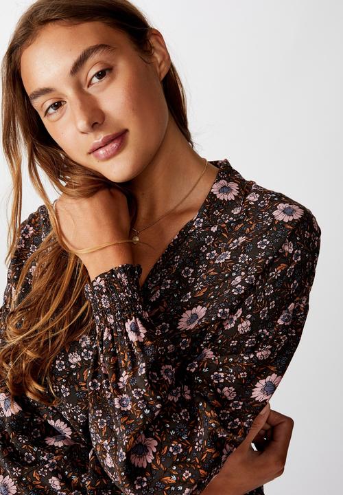 Cotton On - Tie front lw long sleeve blouse jordan floral - raven