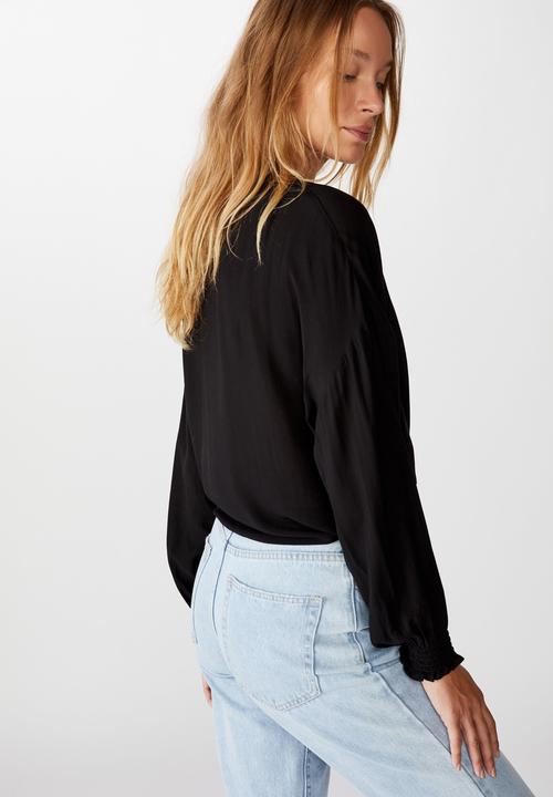 Cotton On - Tie front lw long sleeve blouse - black