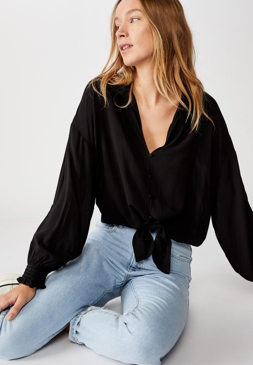 Cotton On - Tie front lw long sleeve blouse - black