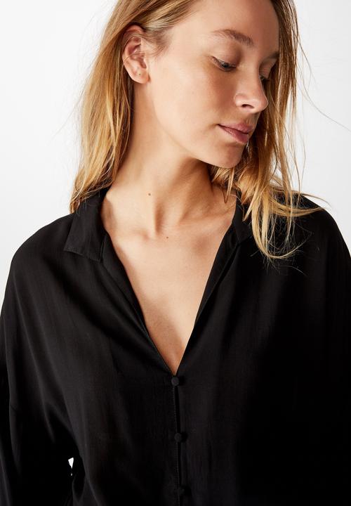 Cotton On - Tie front lw long sleeve blouse - black
