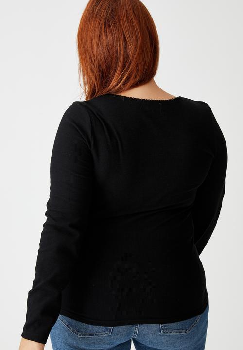 Cotton On - Curve sweetheart square neck long sleeve top - black