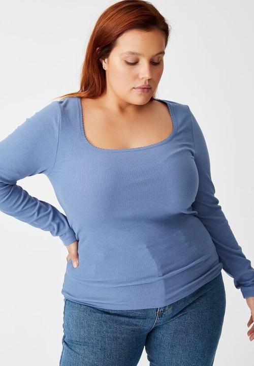 Cotton On - Curve sweetheart square neck long sleeve top - infinity blue