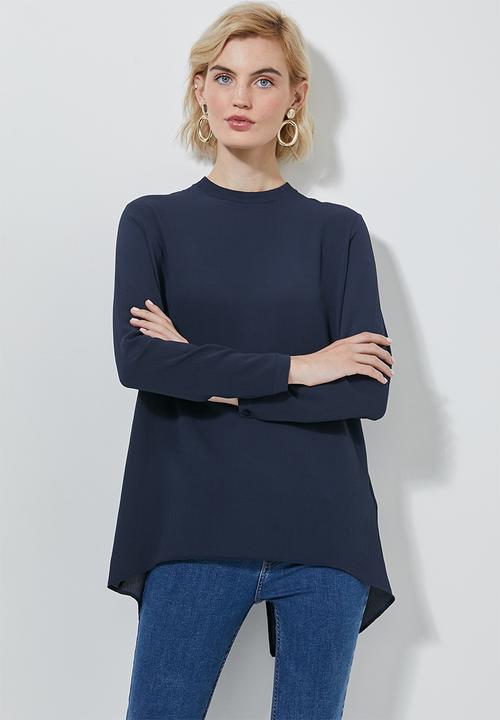 Superbalist - Longline high neck blouse with zip detail - navy