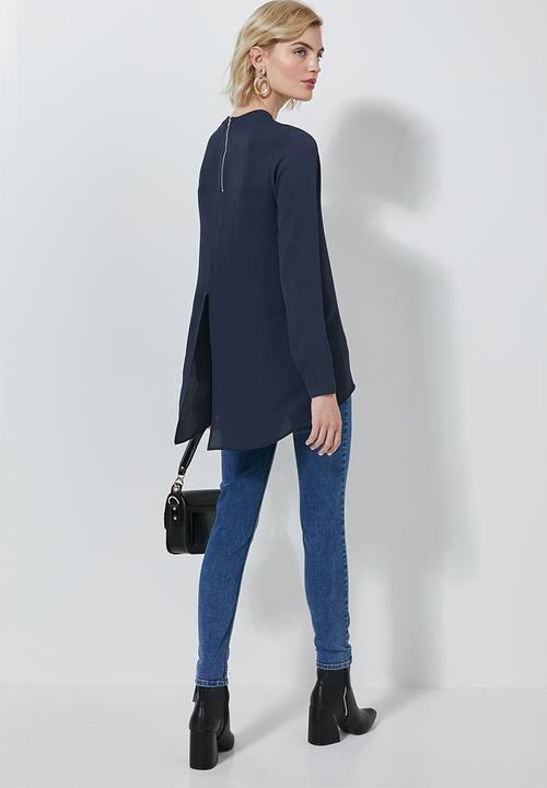 Superbalist - Longline high neck blouse with zip detail - navy