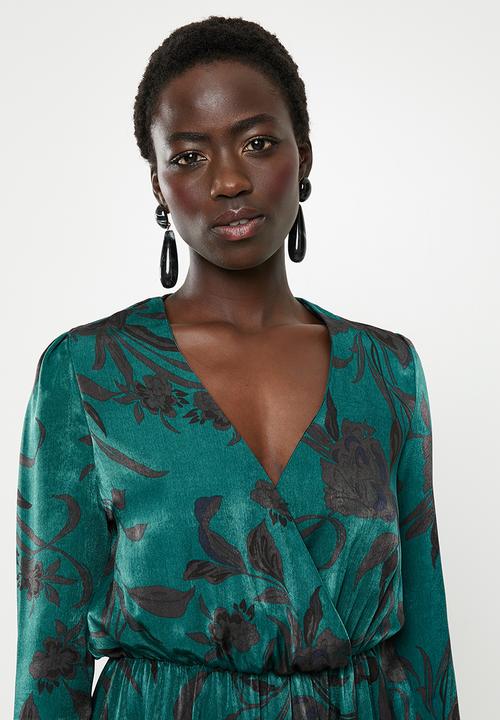 edit - Long sleeve crepe mock wrap midi dress - green & black