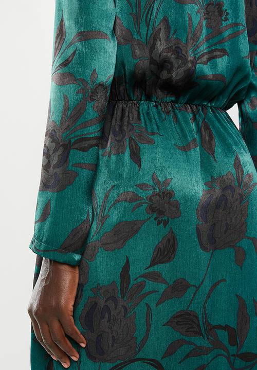 edit - Long sleeve crepe mock wrap midi dress - green & black
