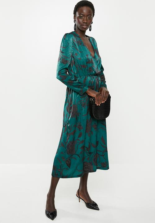 edit - Long sleeve crepe mock wrap midi dress - green & black